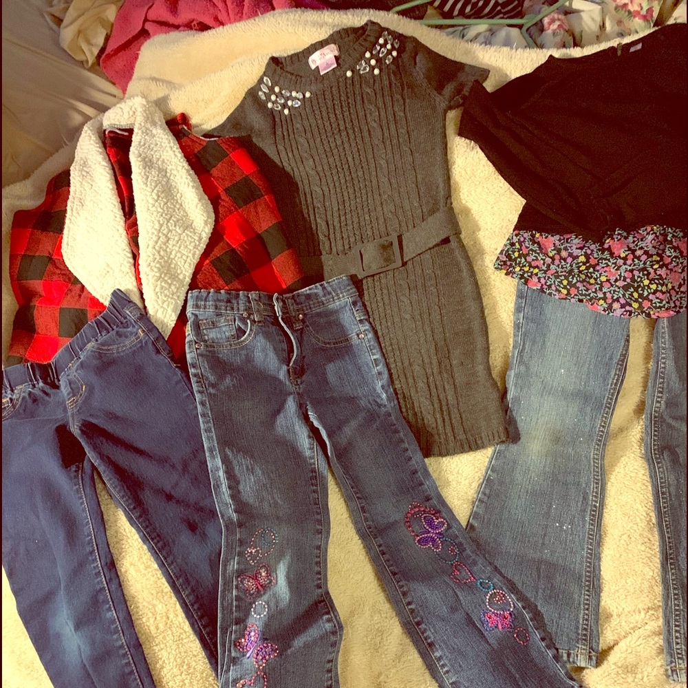 Girls jeans,shirt,  sweater dress and plaid vest